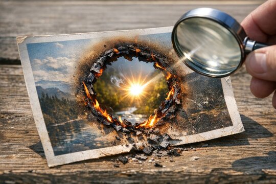 A person examines a damaged photo with a magnifying glass, possibly searching for clues or trying to recover the image