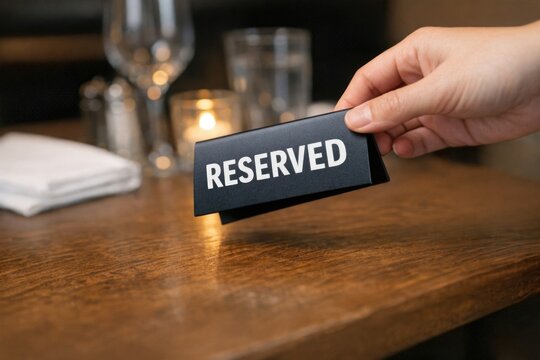 A person holds a reserved sign on a table