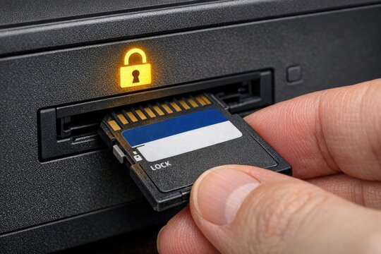 A person holds a micro SDR card secured by a padlock, useful for digital security and communication