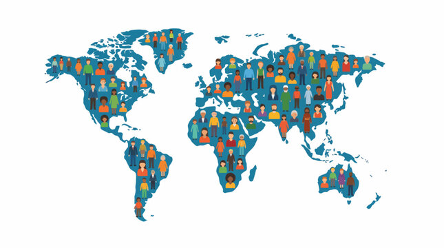 Global demographic awareness for world population day featuring diverse multicultural people icons within a blue world map