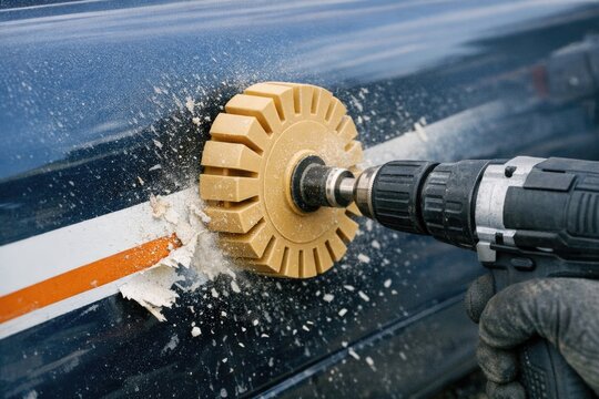 A person is drilling into the side of a car with a power drill and drill bits