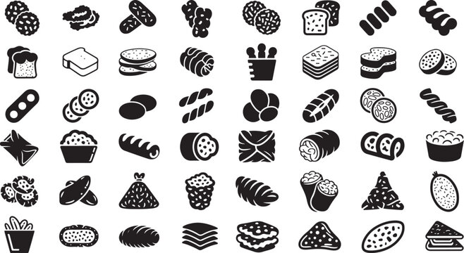 black and white illustrations of various types of bread and baked goods on white background