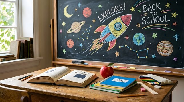 Back to school essentials a colorful classroom setup with books chalkboard and educational supplies