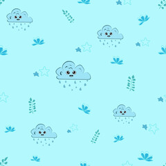 Naklejka premium Cute Rain Cloud Seamless Pattern Vector, Kawaii Weather Fabric Print, Baby Nursery Textile Background