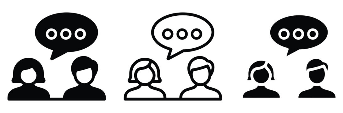 Black and white icon set of people talking and communicating with speech bubbles for social media and conversation concepts