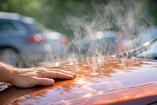 A person's hand rests on the hood of a car, a moment of contemplation or waiting