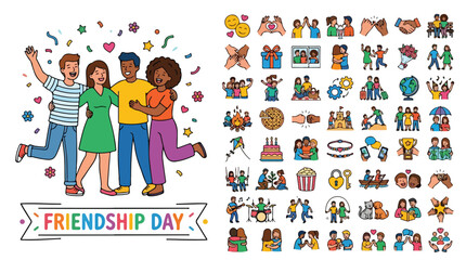 Friendship Day icon set, diverse group of friends celebrating together, 49 colorful line art friendship icons for social media and greeting cards © gulshan