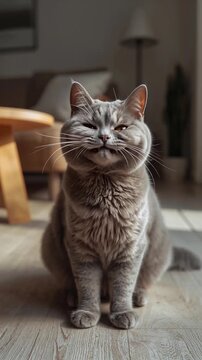 A cute fluffy cat smiles in a modern apartment