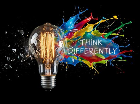 Vibrant glowing lightbulb bursting with colorful ink splashes and text think differently representing creative ideas and innovation concept