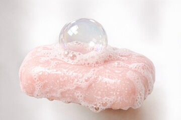 Fototapeta premium A single soap ball perched on top of a soft pink sponge, ready for use