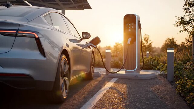 An electric vehicle charging at a station with a tall, slim charger in a serene outdoor setting during sunset.
