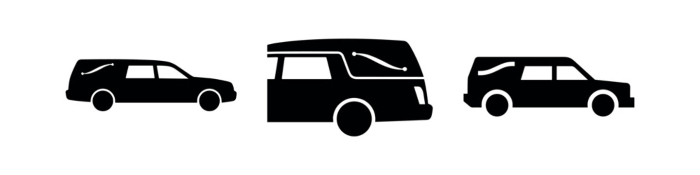 Hearse and Funeral Car Icons Set. Mourning and Cemetery Transport.