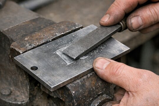 A person using a metal tool to sharpen a metal piece, possibly for repair or maintenance