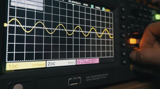 Engineer's hand adjusting a knob on an oscilloscope, changing the yellow sine wave signal on the screen. Concept of electrical engineering, data analysis, and precision measurement technology.
