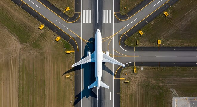 Aerial view of a commercial airplane taxiing on a runway at an airport, with clear blue sky and vast tarmac.