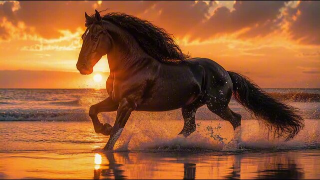 majestic black friesian horse galloping through shallow ocean water on sand beach perfect for World Horse Day