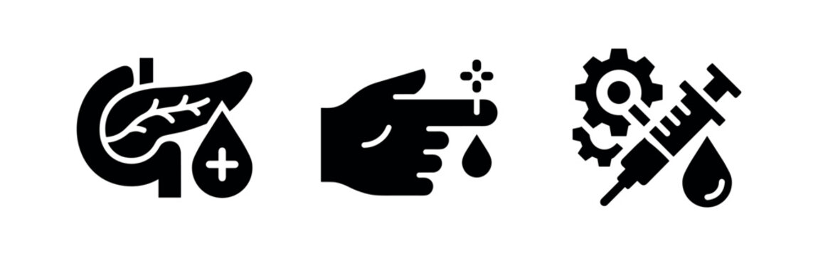 Blood health and medical test icons set. Diabetes, blood donation, and lab testing vector illustration.