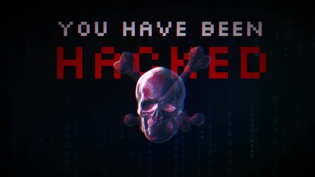 Glitch skull screen with flashing red matrix text warns you have been hacked in a dramatic 3D animation loop for cybersecurity alerts