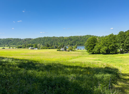 View over the Kriebstein Nature Reserve, featuring the Falkenhain Mittweida Campsite at the Kriebstein Dam in Saxony, Germany.