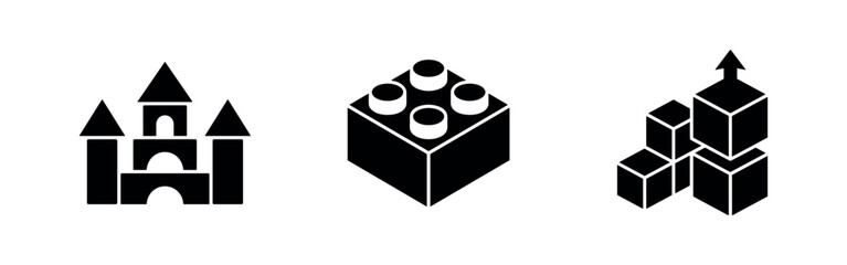 Naklejka premium Building Blocks and Toy Castle Icons Set. Construction and Creative Play Symbols. Vector Illustration.