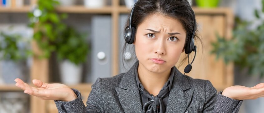 A confused customer support agent shrugs helplessly against a blurred office background, signaling uncertainty or lack of information.