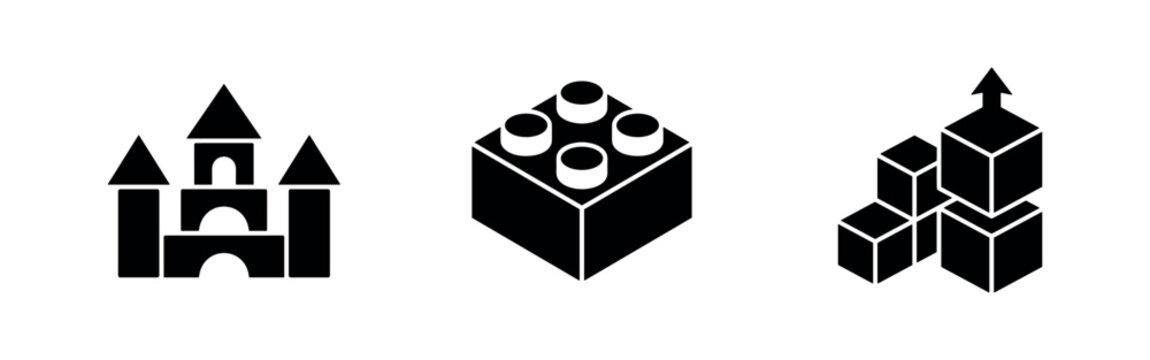 Building Blocks and Toy Castle Icons Set. Construction and Creative Play Symbols. Vector Illustration.