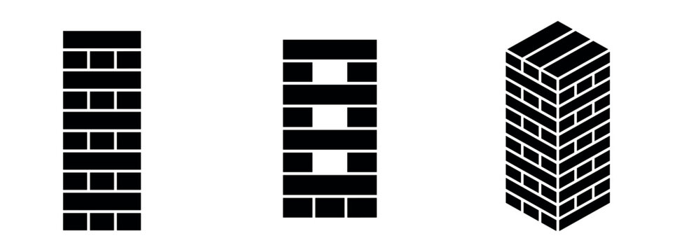 Jenga Blocks Icons Set. Stacked Rectangular Pieces and Building Game Symbols. Vector Illustration.