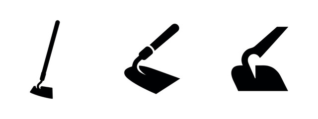 Garden hoe tools icons set. Farming and gardening equipment, showing various angles of the manual cultivating tool. © Lili