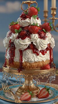 A decadent strawberry shortcake on a golden stand uses a blurred sky background to highlight culinary luxury and celebration themes.