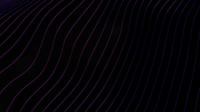 Abstract purple parallel lines undulate in vertical waves across a dark space in a seamless 3D rendering loop for tech screensavers