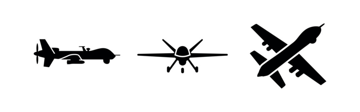 Drone Aircraft Vector Icons Set. Unmanned Aerial Vehicle (UAV) Silhouette Illustrations for Technology and Military.