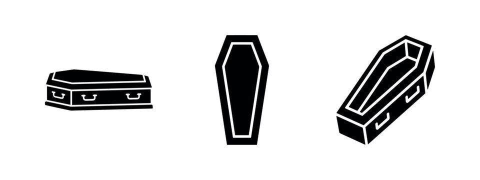 Coffin Vector Icons Set. Funeral and Burial Symbols. Traditional Casket Silhouettes for Death and Mourning Concepts.