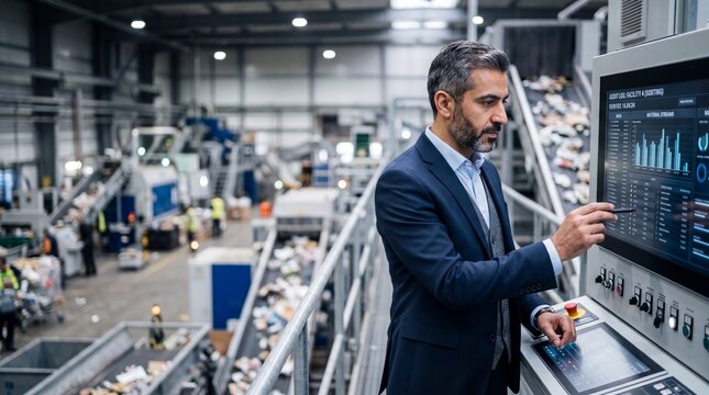 A dedicated manager interacts with advanced technology in a busy recycling facility. Workers sort materials in the background, showcasing a commitment to sustainability and teamwork in action.
