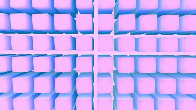 Bright pink cubes block pattern shifts in a close up perspective creating a dynamic geometric 3D animation backdrop for creative content design