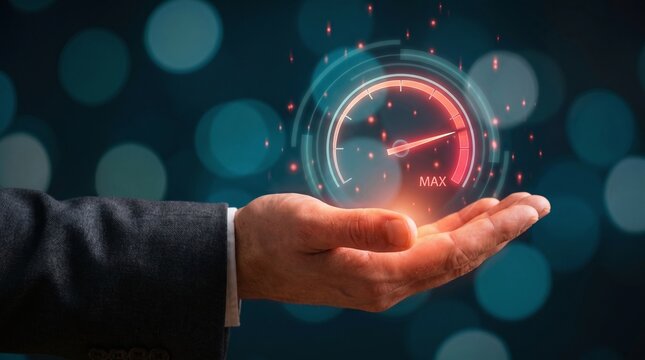 Businessman's hand holds a glowing digital speedometer indicating maximum performance