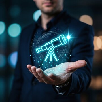 Businessman holding a glowing telescope icon symbolizing foresight vision and future insights