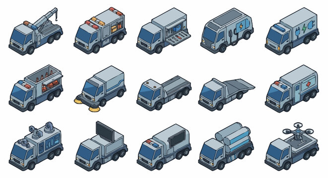 Collection of isometric pixel art vehicles for emergency services and city maintenance.