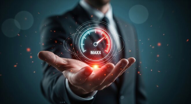 Hand presenting a digital speedometer measuring optimal performance and maximum results