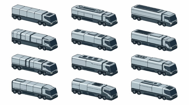 Collection of isometric modern train engine designs with different roof configurations.