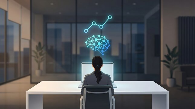 Businesswoman working on laptop with glowing neural network brain icon