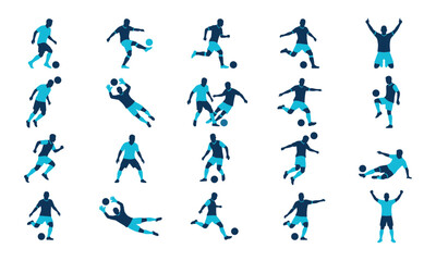 Dynamic soccer player silhouettes in action, featuring athletes kicking, dribbling, tackling, goalkeeping, and celebrating a championship football match vector illustration. © Farhana