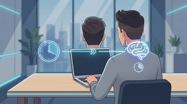 Businessman working on laptop with brain and time management icon