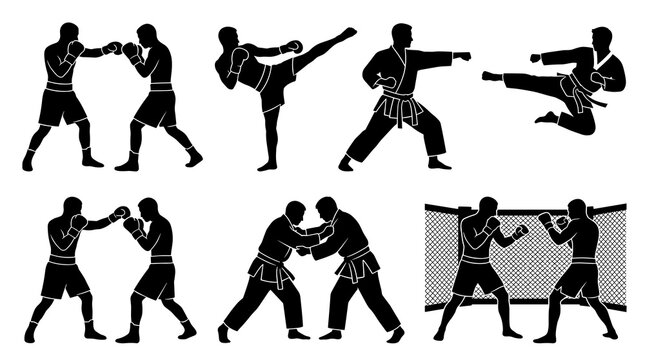 Martial Arts Silhouettes Boxing Karate Judo MMA Fighting Sports Combat