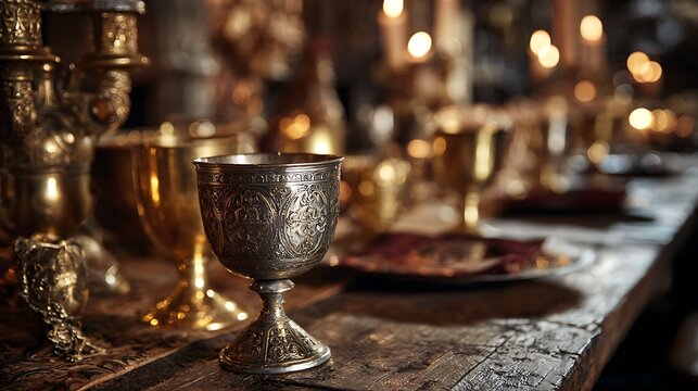 Ornate silver chalice on a candlelit medieval banquet table.