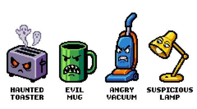 Haunted toaster evil mug angry vacuum suspicious lamp cartoon characters