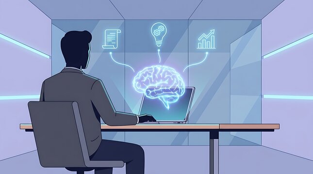 Businessman working on laptop with brain and business icons