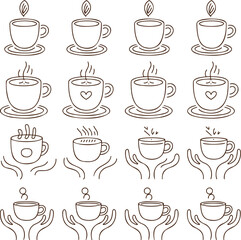 Fototapeta premium A grid of various outlined icons depicting hands gently holding steaming cups of coffee or hot beverages