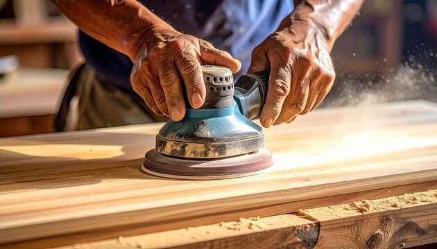 Man Polishing Wooden Surface with Electric Sander in Workshop