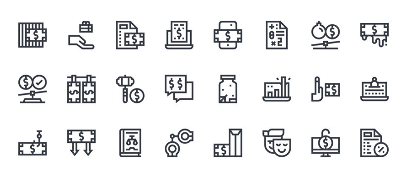 24 outline Corruption web icons such as leakage, handcuffs, anti corruption, money laundering, online transfer. Thin vector symbols for report, presentation, web design and mobile app