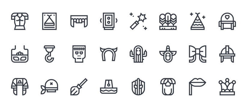 24 outline Costume Party web icons such as kiss, mexican hat, bow tie, hook, magic wand. Thin vector symbols for report, presentation, web design and mobile app